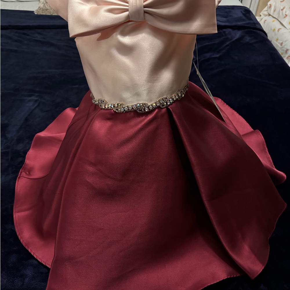 2 same dresses different size Elegant Satin Dress with Bow and Jewel Accent